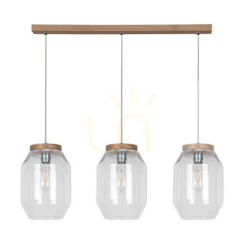 Jelölje be Vaso függesztett lámpa, 3xE27, Max. 60 W, olajozott tölgy / átlátszó PVC-kábel / átlátszó üvegburás lámpa, 85 cm
