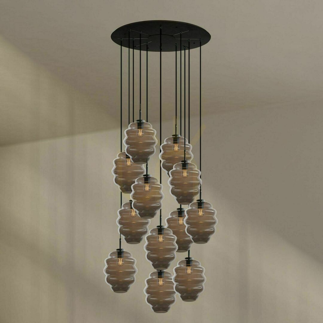 Jelölje be Függőlámpa s.luce Echos, 12 fényforrásos, füstszínű üveg, E27, Ø 25 cm búrákkal Függőlámpa s.luce Echos, 12 fényforrásos, füstszínű üveg, E27, Ø 25 cm búrákkal