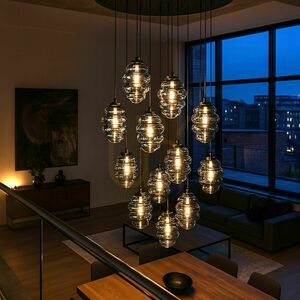 Függőlámpa s.luce Echos, 12 fényforrásos, füstszínű üveg, E27, Ø 25 cm búrákkal 1 Függőlámpa s.luce Echos, 12 fényforrásos, füstszínű üveg, E27, Ø 25 cm búrákkal small 1