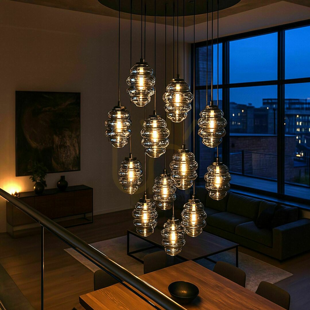 Kilátás Függőlámpa s.luce Echos, 12 fényforrásos, füstszínű üveg, E27, Ø 25 cm búrákkal Függőlámpa s.luce Echos, 12 fényforrásos, füstszínű üveg, E27, Ø 25 cm búrákkal
