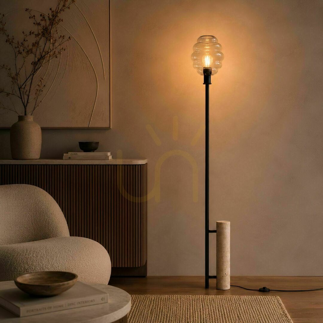 Jelölje be Állólámpa s.luce Echos, fekete, travertin kő és átlátszó üveg, E27 Állólámpa s.luce Echos, fekete, travertin kő és átlátszó üveg, E27