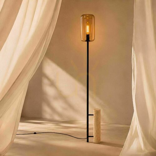 Jelölje be Állólámpa s.luce Cruet, fekete, travertin kő, borostyánszínű üveg, E27, 190 cm