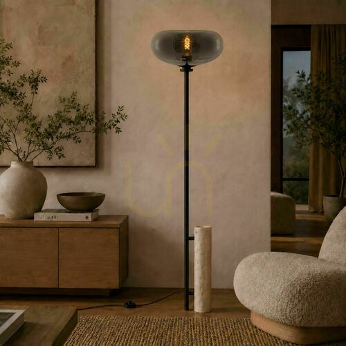 Jelölje be Állólámpa s.luce Cruet, fekete, travertin kővel és füstszínű üveggel, E27, 190 cm
